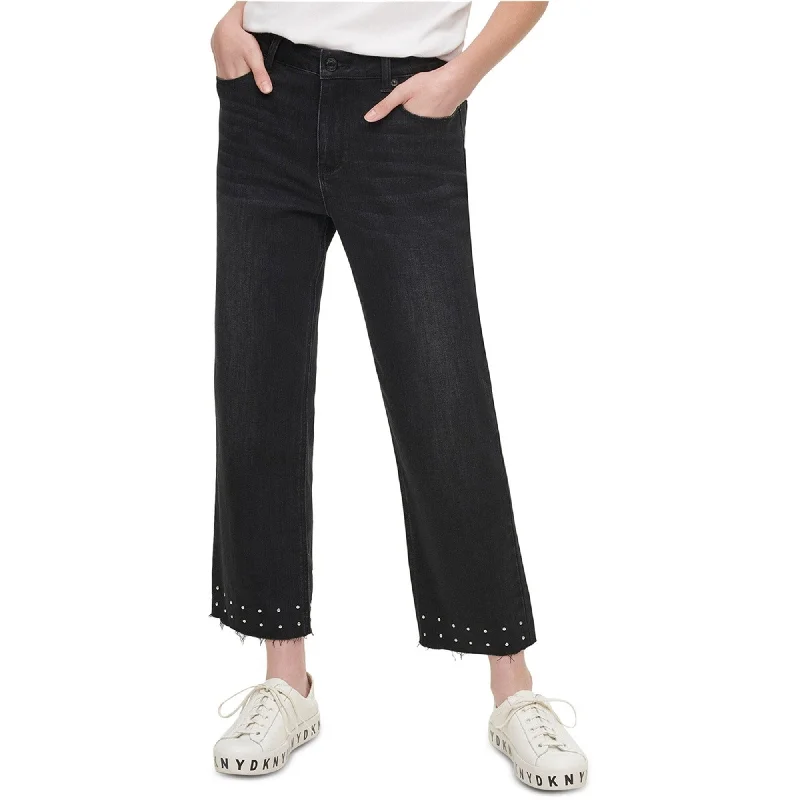 Soft velvet pants for cozy holiday outfits -DKNY Womens Studded Raw-Hem Cropped Slim Straight Leg Jeans, Black, 32