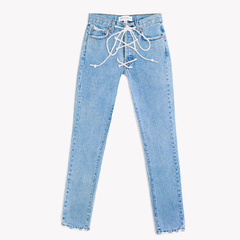 Cropped Jeans for Summer Look -Lace Up High Rise Vintage Stone Jeans