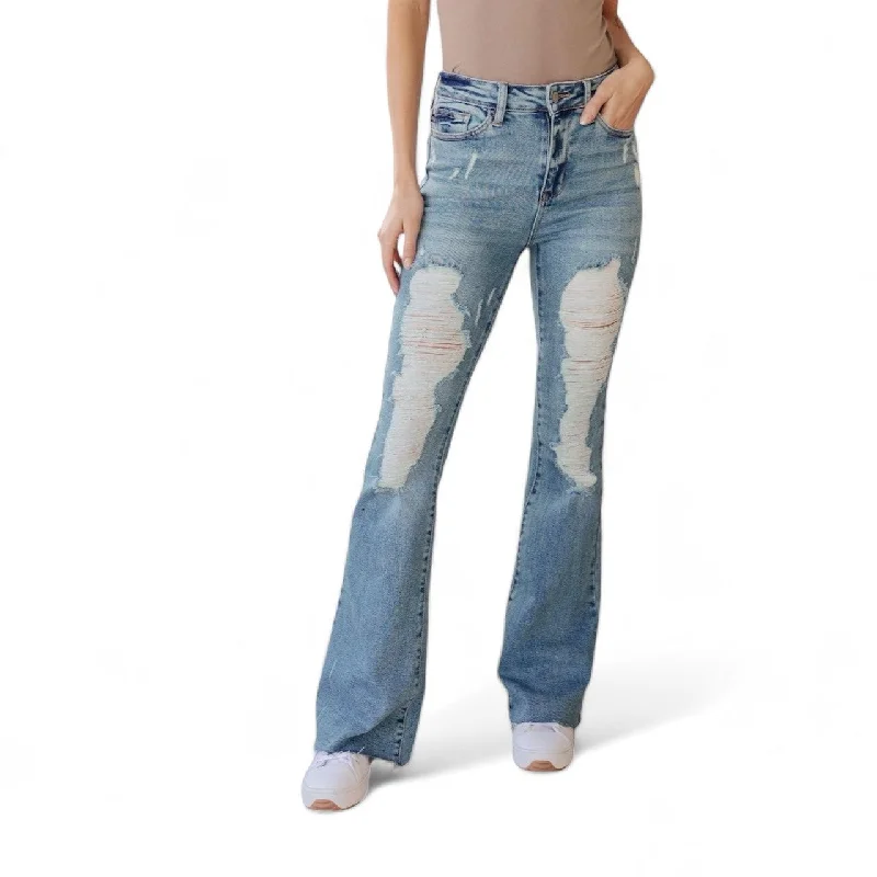 Belt Loops Jeans for Accessorizing -High Rise Heavy Destroyed Flare Jeans