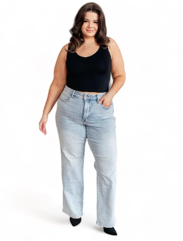 Wide Leg Jeans for Comfort -Plus High Rise Control Top Vintage Wash Straight Jeans