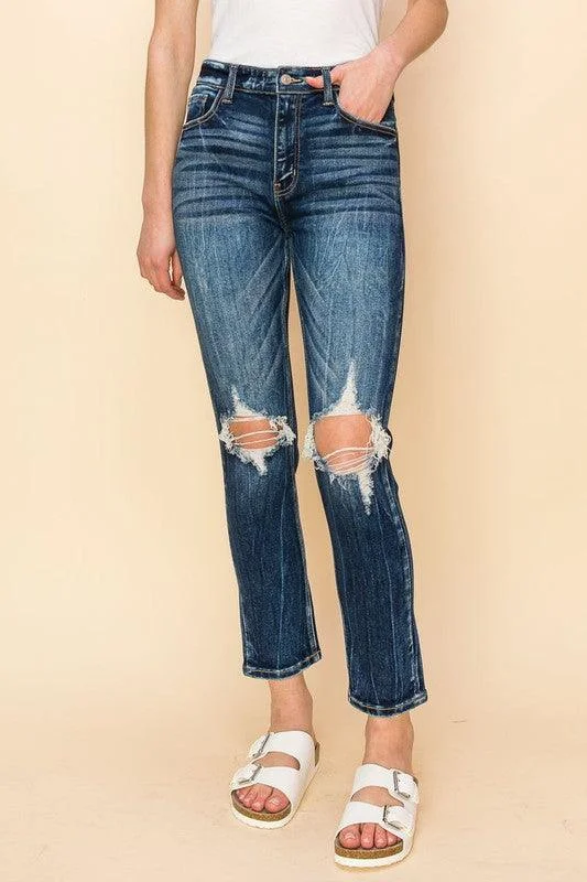 Dark Wash Jeans for Elegance -High Rise Stretch Distressed Ankle Jeans