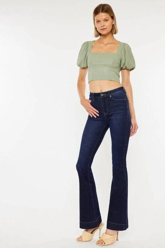 Leather Trim Jeans for Luxury -High Rise Dark Wash Kancan Flare Jeans