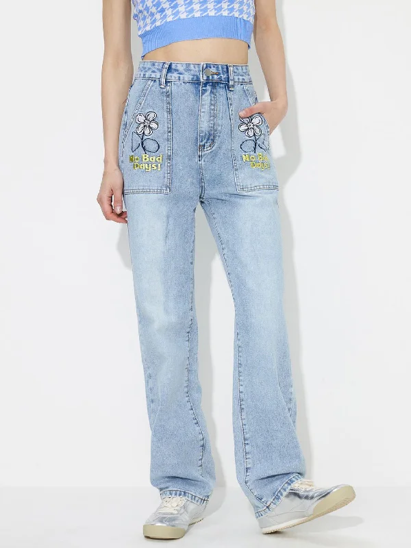 Overalls Jeans for Workwear -Flower High Rise Straight Leg Jeans with Pockets