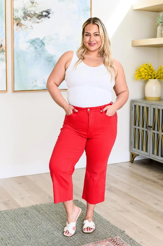 Leather Trim Jeans for Luxury -Red High Rise Control Top Wide Leg Crop Jeans