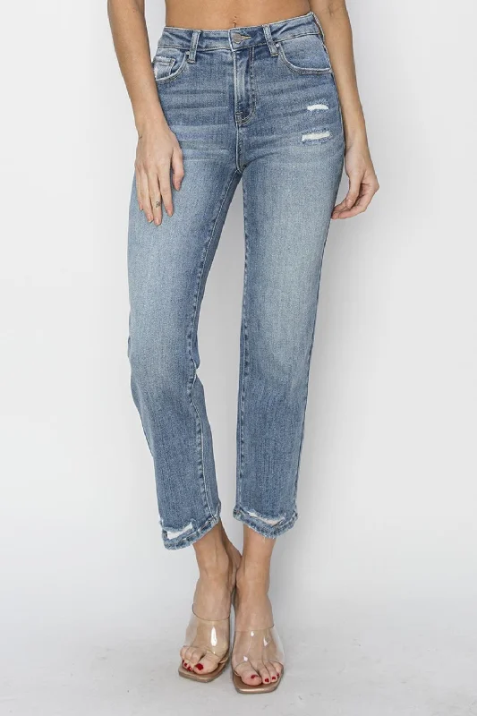 Hiking Jeans for Trail -RISEN Full Size High Waist Distressed Cropped Jeans