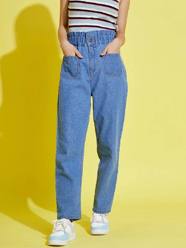 Button Fly Jeans for Traditional -Girls Blue Paper Bag Waist Carrot Jeans