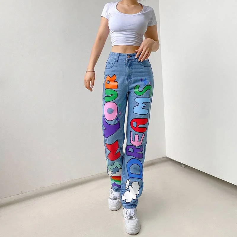 Party Jeans for Night Out -Sexy Contrast Color Letters Graffiti Print Loose Jeans