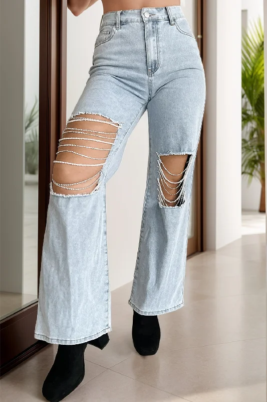 Dark Wash Jeans for Elegance -Distressed Bead Chain Straight Jeans