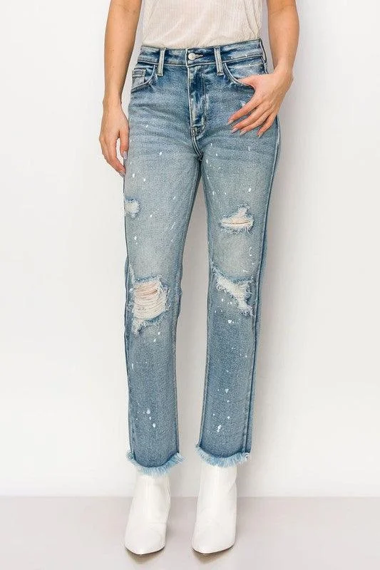 Wide Leg Jeans for Comfort -HIGH RISE DISTRESSED STRAIGHT WITH FRAY HEM JEANS