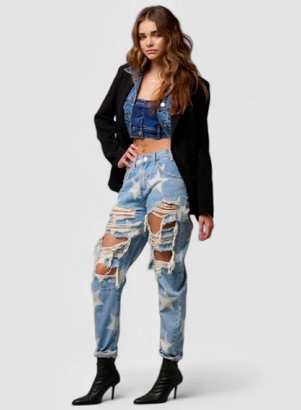 Outdoor Jeans for Adventures -Star Print Ripped Slouchy Jeans