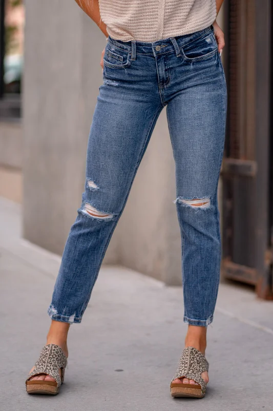 Birthday Jeans for Celebration -Providence Mid Rise Distressed Crop Slim Straight Jeans