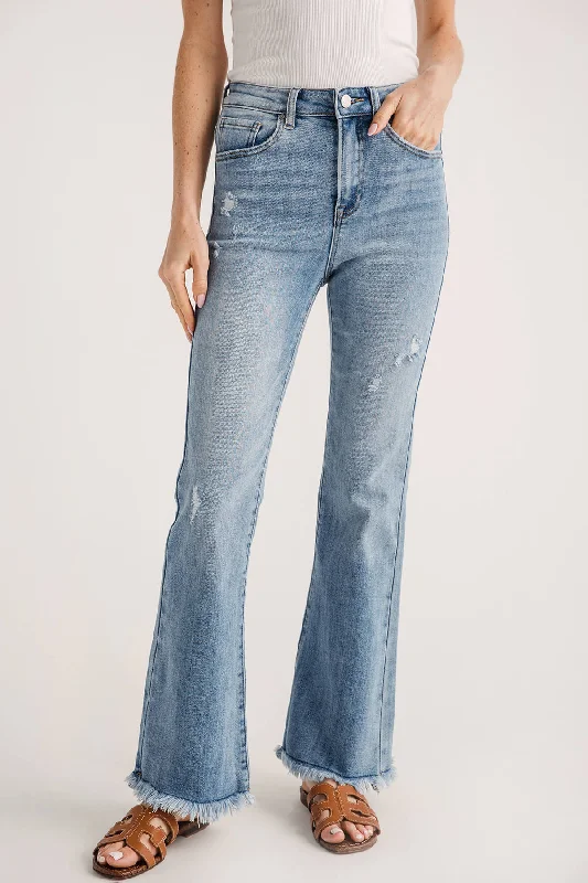 Lightweight linen pants for beach vacation style -Risen Laine High Rise Ankle Kick Flare Frayed Hem Jeans