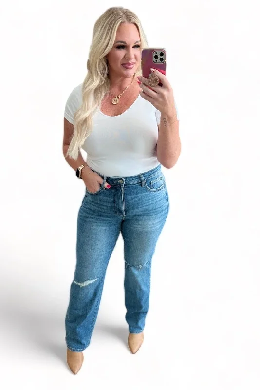 White Jeans for Fresh Look -Judy Blue High Rise Control Top Distressed Straight Jeans