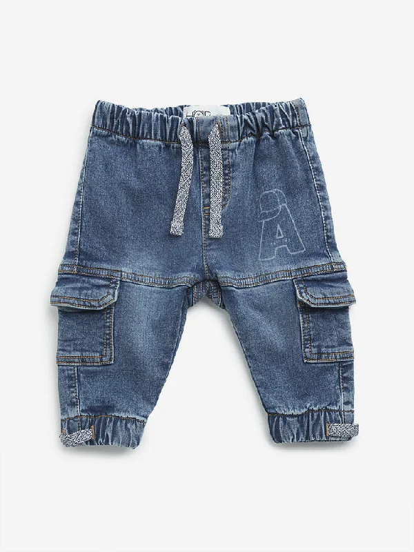 Frayed Hem Jeans for Edgy -HOP Baby Dark Blue Washed Cargo-Style Relaxed - Fit Mid - Rise Jeans