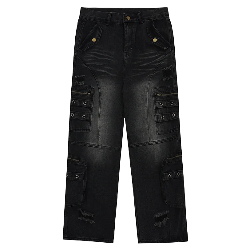 Hiking Jeans for Trail -Distressed Black Cargo Denim Jeans - Edgy Streetwear Pants