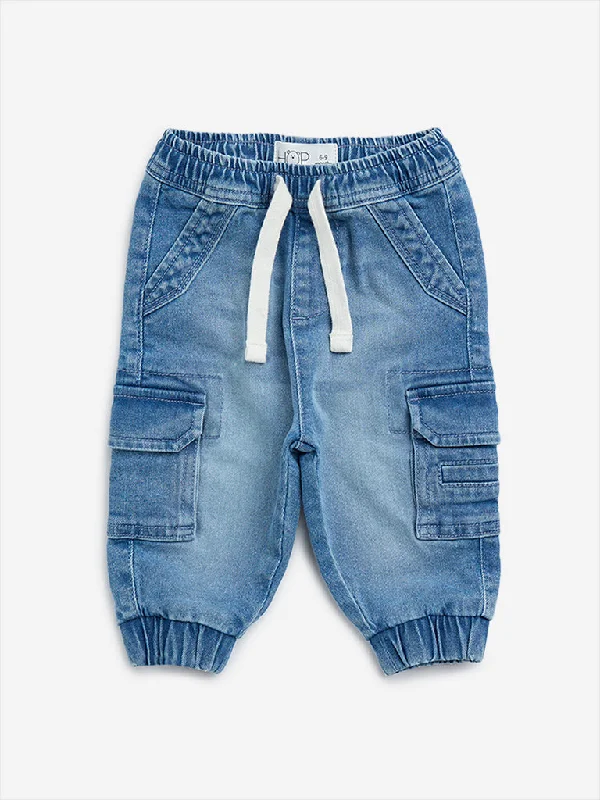 Decorated Back Pocket Jeans for Style -HOP Baby Blue Jogger-Style Relaxed - Fit Mid - Rise Jeans