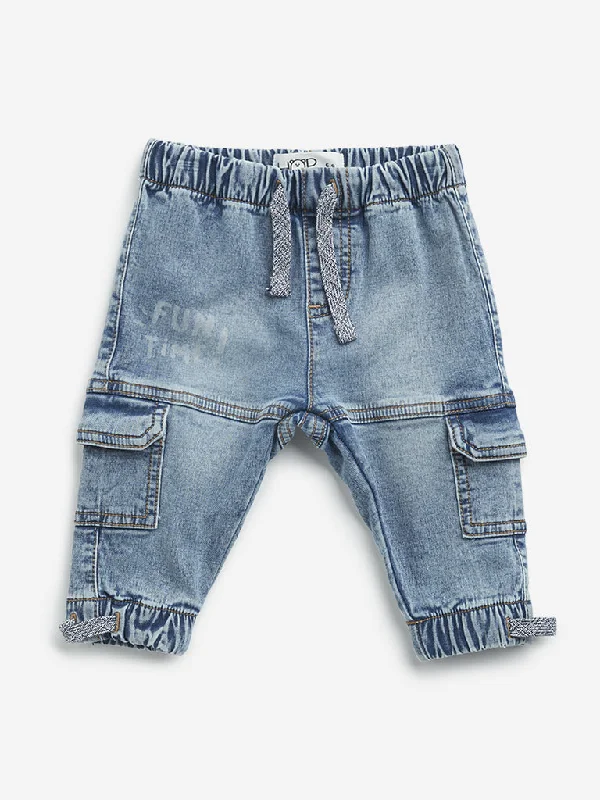 Raw Hem Jeans for Trendy -HOP Baby Blue Cargo-Style Relaxed - Fit Mid - Rise Jeans