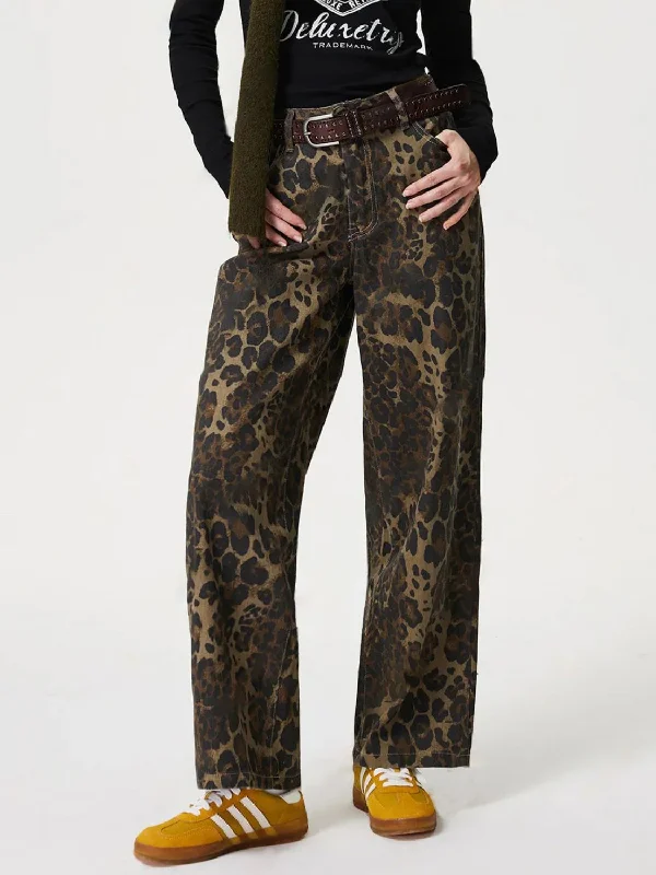 Wrap Skirt Jeans for Versatile -Leopard Straight Jeans with Pockets