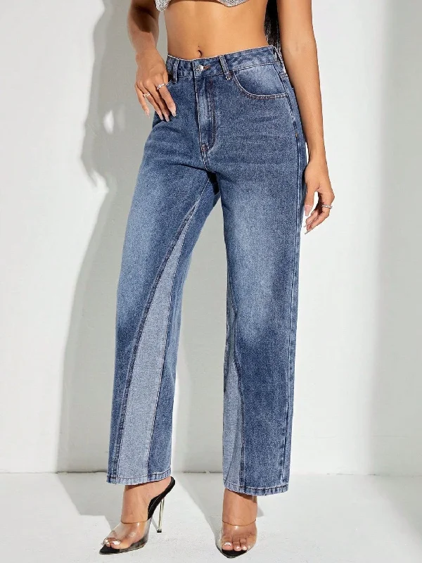 Stretch Jeans for Flexibility -Contrast Patchwork Straight Jeans with Pockets