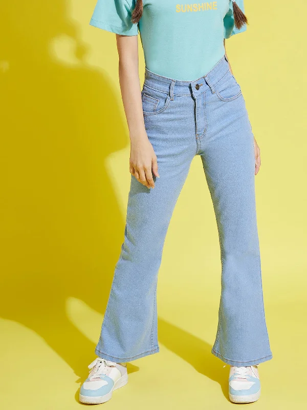 Leather Trim Jeans for Luxury -Girls Ice Blue Bell Bottom Jeans