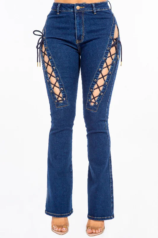 Holiday Jeans for Festive -American Bazi High Rise Lace Up Jeans