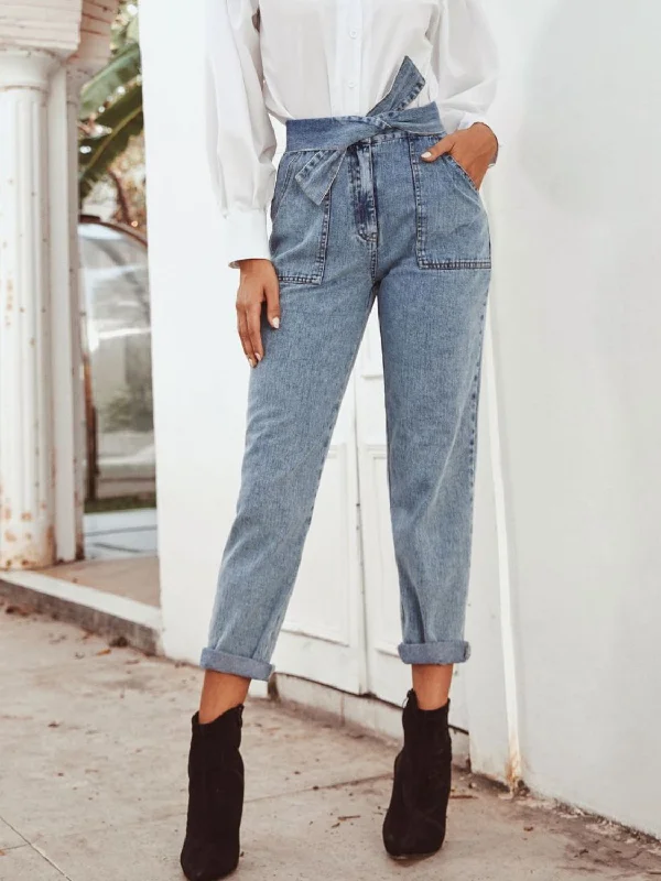 Party Jeans for Night Out -Tied Straight Leg Jeans with Pockets