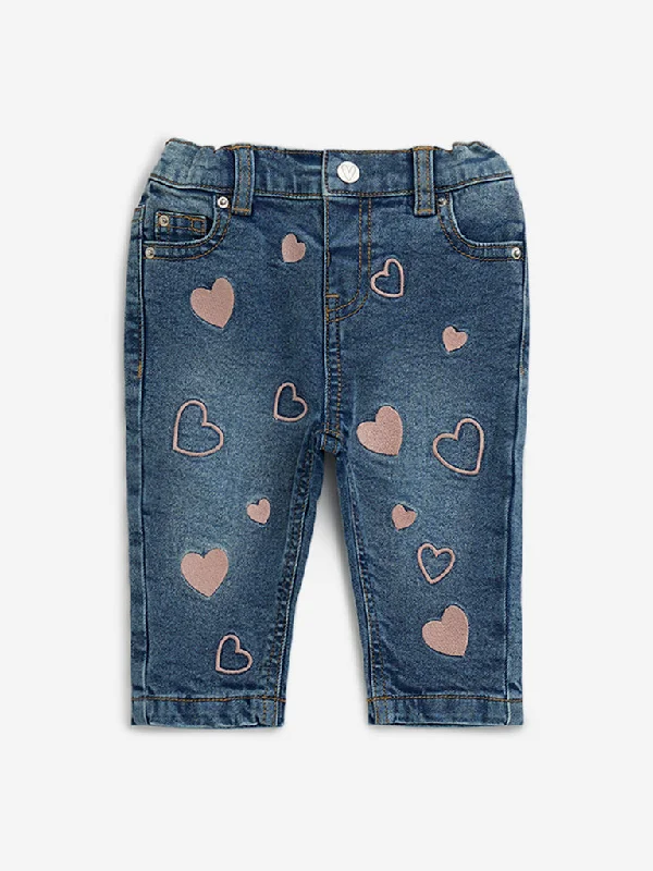 Back Pocket Jeans for Design -HOP Baby Blue Heart Embroidered Relaxed - Fit High - Rise Jeans