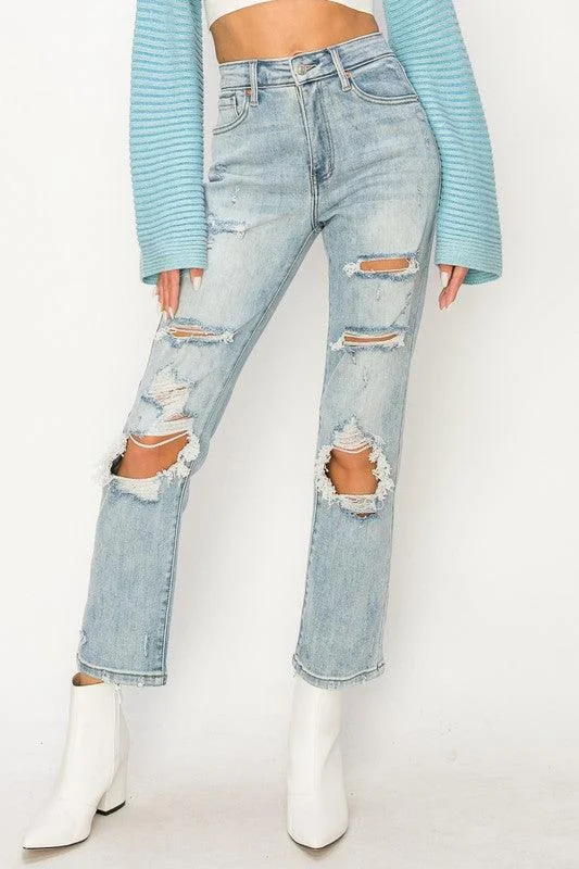 Flare Jeans for Retro Vibe -HIGH RISE DISTRESSED STRAIGHT JEANS