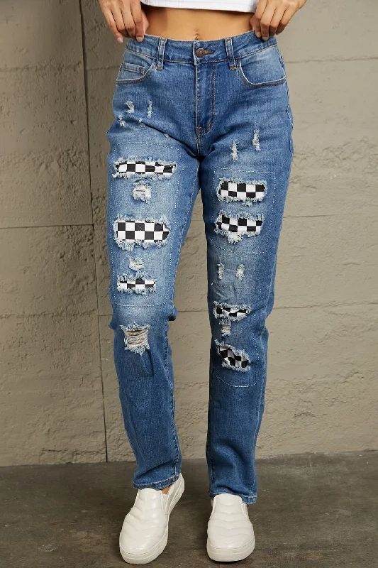 Travel Jeans for On-the-go -Baeful Checkered Patchwork Mid Waist Distressed Jeans