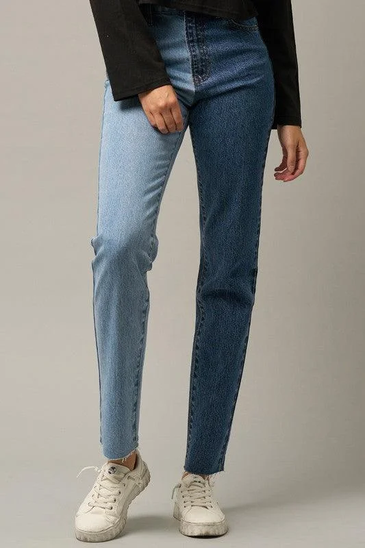 Hunting Jeans for Woods -High Waist Two Tone Raw Hem Straight Jeans