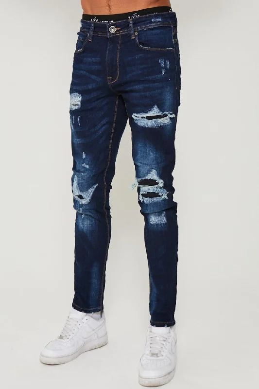 Leather Trim Jeans for Luxury -Holborn Tapered Jeans - Dark Blue