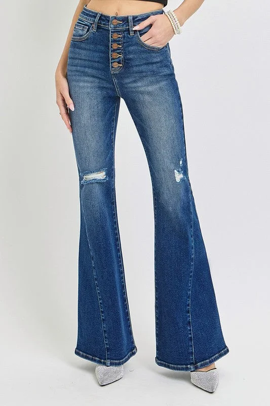 Raw Hem Jeans for Trendy -RISEN Distressed Button-Fly Flare Jeans