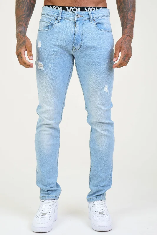 Decorated Back Pocket Jeans for Style -Belmont Tapered Jeans - Ice Blue