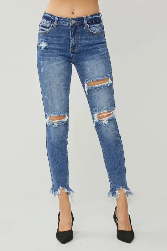 Tapered Jeans for Modern -RISEN Distressed Frayed Hem Slim Jeans