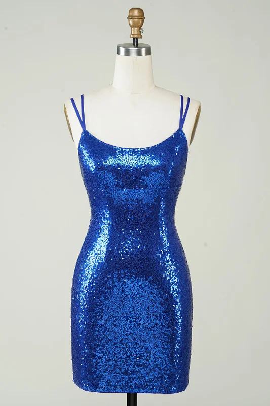 Capri Dresses for Playful -Royal Blue Tight Sequins Backless Homecoming Dress