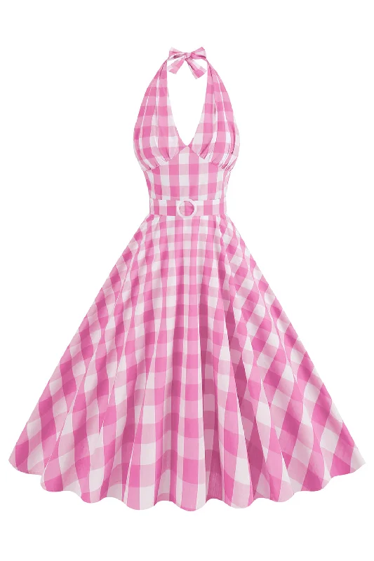 Printed Dresses with Patterns -Pink Halter Plaid Sleeveless 1950s Dress With Belt