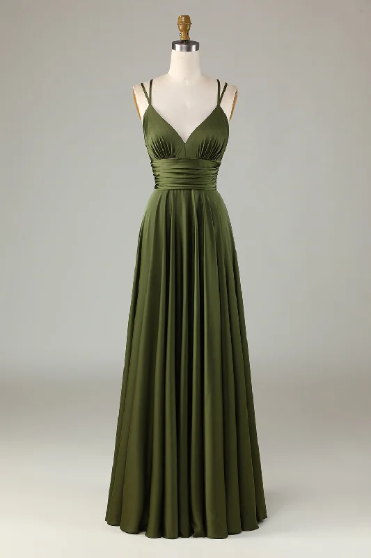 Cocktail Dresses for Party Time -A-Line Sleeveless Olive Long Bridesmaid Dress