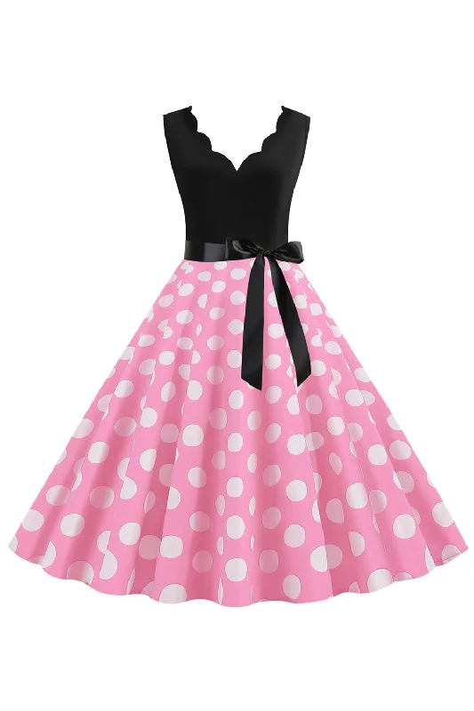 One-shoulder Dresses for Trendy -Pink Polka Dots Sleeveless Vintage 1950s Dress