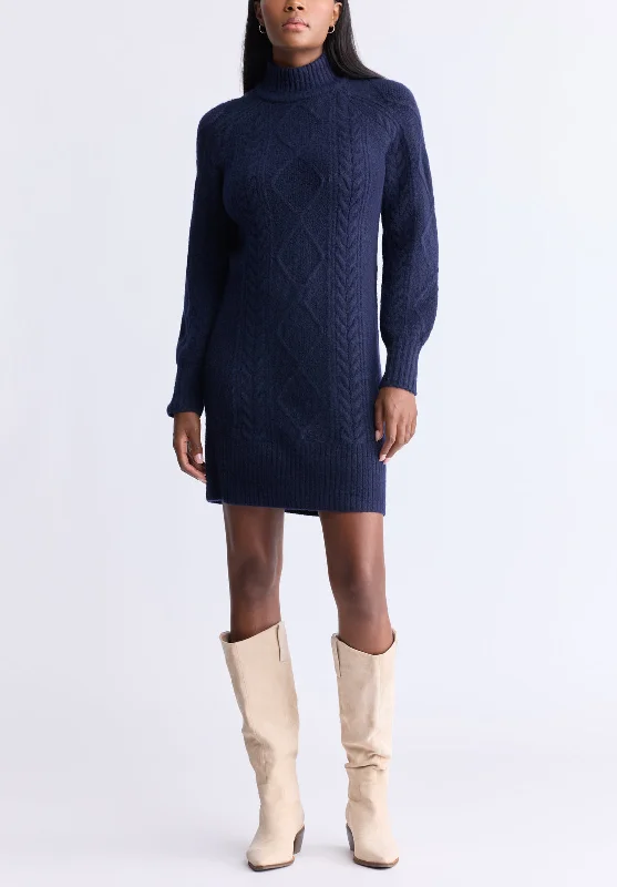 Midi Dresses for Versatile Wear -Levelle Women's Cable Knit Turtleneck Sweater Dress, Navy - SD0005H