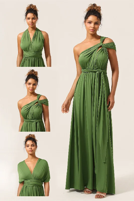 High-waisted Dresses for Flatter -Charming A Line Olive Green Spandex Convertible Wear Long Bridesmaid Dress