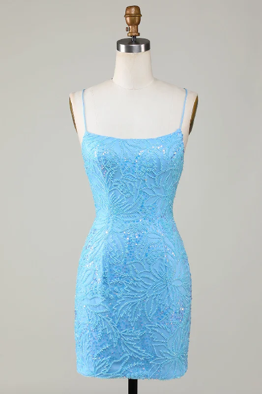 Birthday Dresses for Celebration -Sparkly Blue Beaded Tight Short Homecoming Dress with Lace Up Back