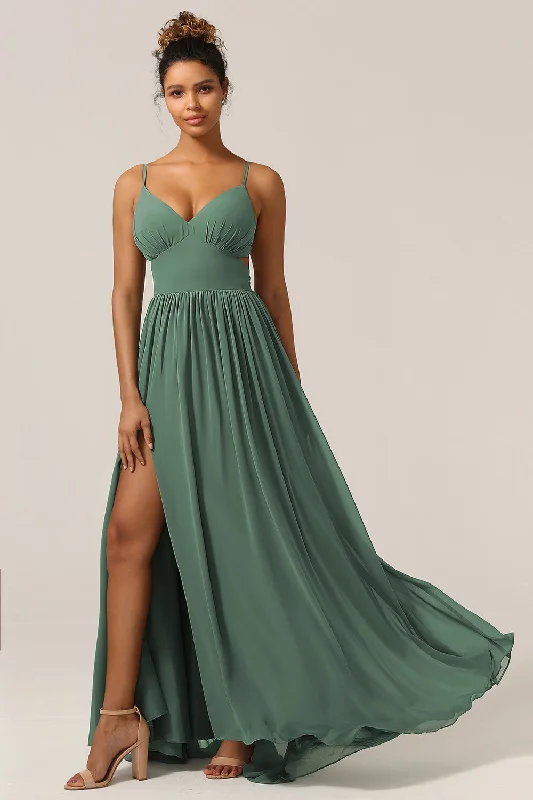 Pencil Dresses for Slimming -Eucalyptus Spaghetti Straps A Line Bridesmaid Dress with Slit