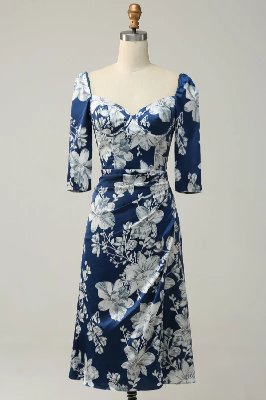 Ethnic Dresses with Tribal Design -Ink Blue Floral Tea-Length Bridesmaid Dress with Sleeves