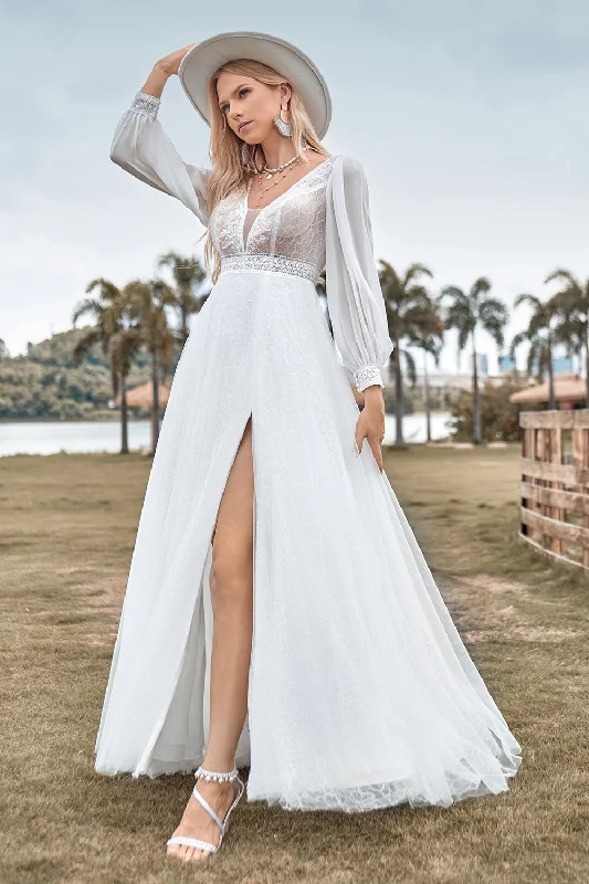 Christmas Dresses for Holiday -A-Line Tulle Beaded Ivory Wedding Dress with Long Sleeves