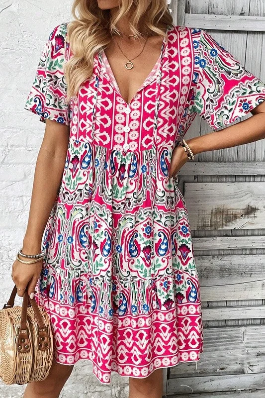 Contemporary Dresses for Fashion -Ruffle Hem Print Dress (Pink)