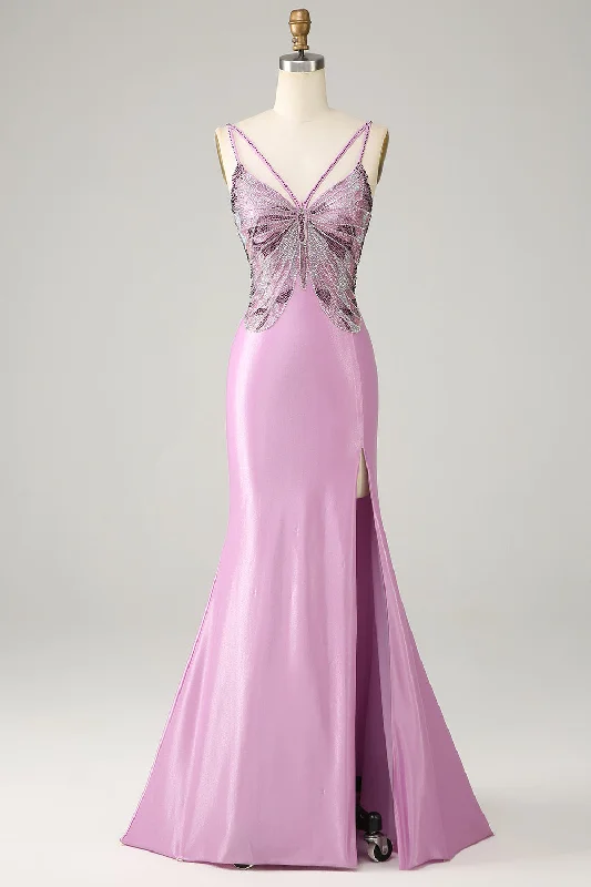 Anniversary Dresses for Special -Purple Mermaid Backless Spaghetti Straps Butterflies Prom Dress