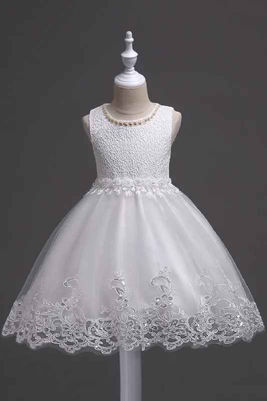 Floral Dresses for Romantic -White Round Neck Beading A Line Girls Dresses