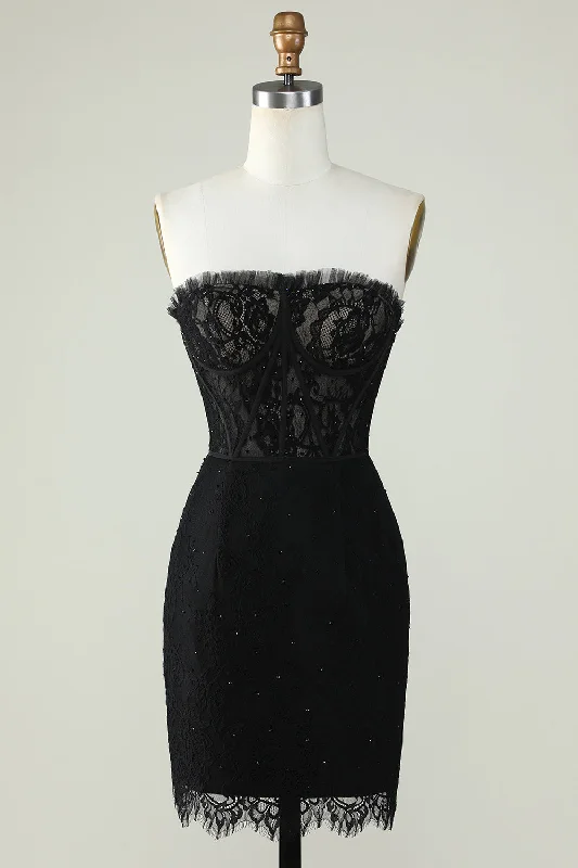 Sequined Dresses for Sparkle -Strapless Black Homecoming Dress with Beading