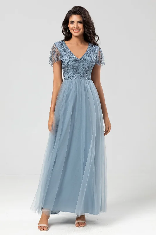 Buttoned Dresses for Stylish -Confidently Charismatic A Line V Neck Dusty Blue Long Bridesmaid Dress with Beading