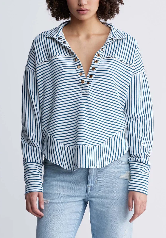 Embellished Sweatshirt with Beaded Patterns Bohemian Luxury -Ellowynne Women’s Striped Sweatshirt in White & Blue - KT0099P